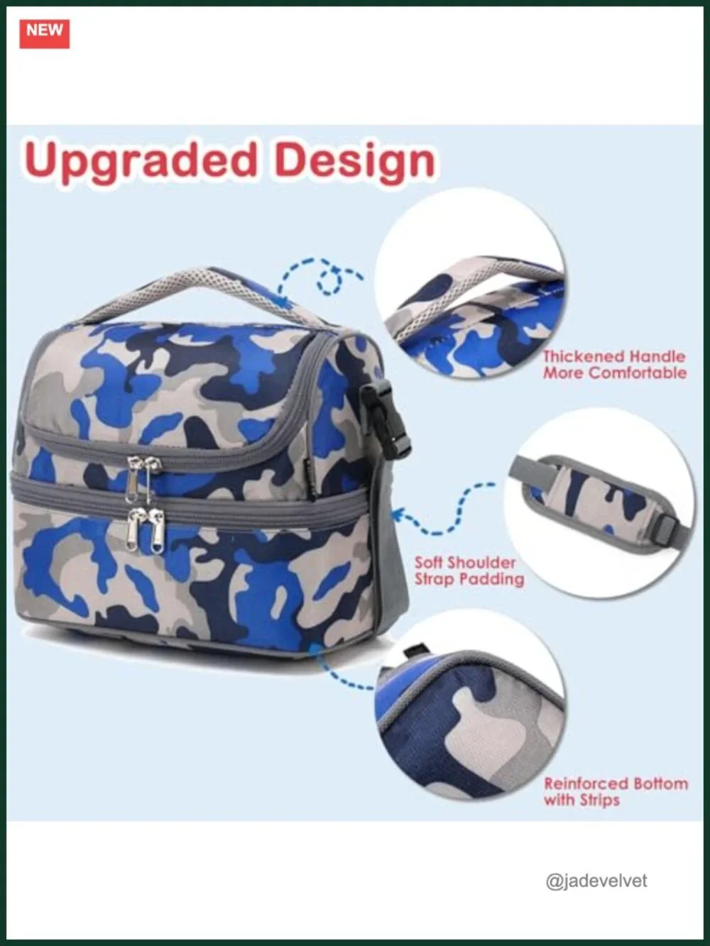 Double Decker Insulated Lunch Bag Tote with Adjustable Strap, Polyester